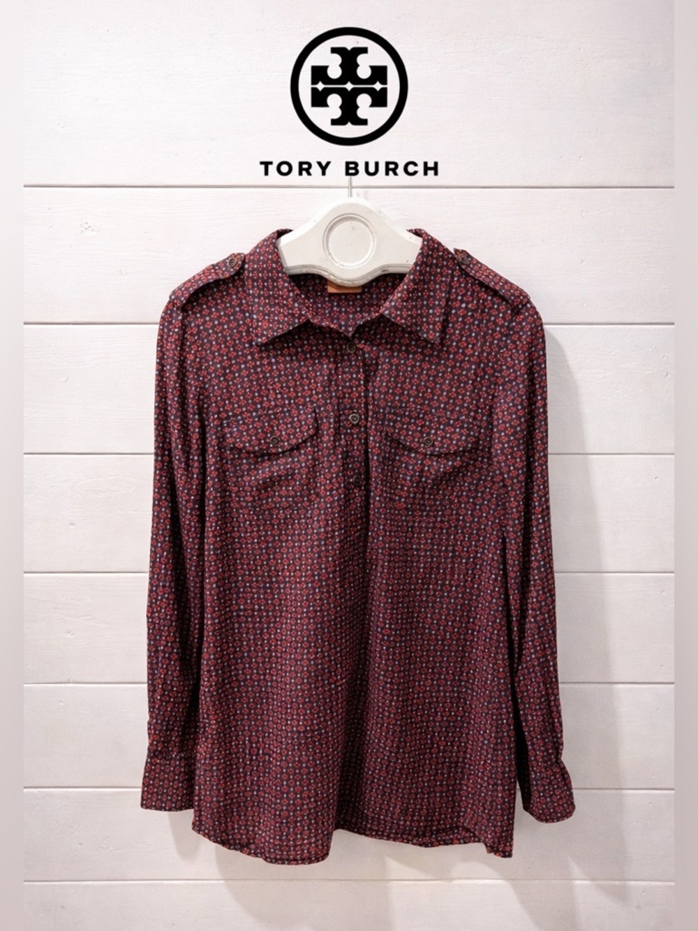 Tory Burch Blouse – Red Geometric Print – Size 10